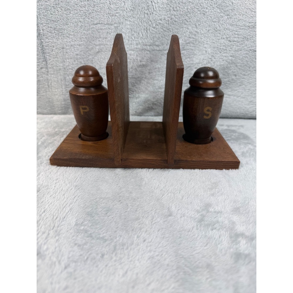 Vintage Gail Craft Wood Napkin Holder Salt Pepper Shaker Set Japan Dark Wood